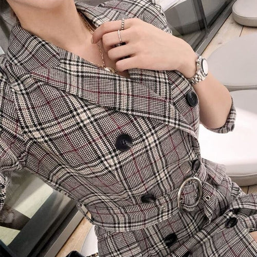 Load image into Gallery viewer, Double Breasted Long Trench plaid Windbreaker Long Sleeve Overcoat
