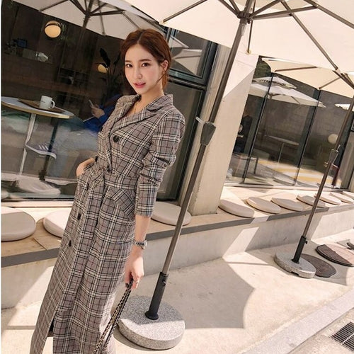 Load image into Gallery viewer, Double Breasted Long Trench plaid Windbreaker Long Sleeve Overcoat
