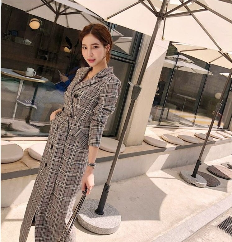 Double Breasted Long Trench plaid Windbreaker Long Sleeve Overcoat