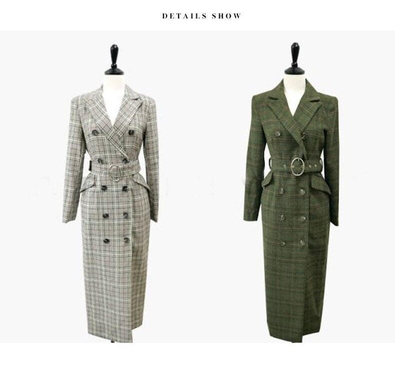 Double Breasted Long Trench plaid Windbreaker Long Sleeve Overcoat