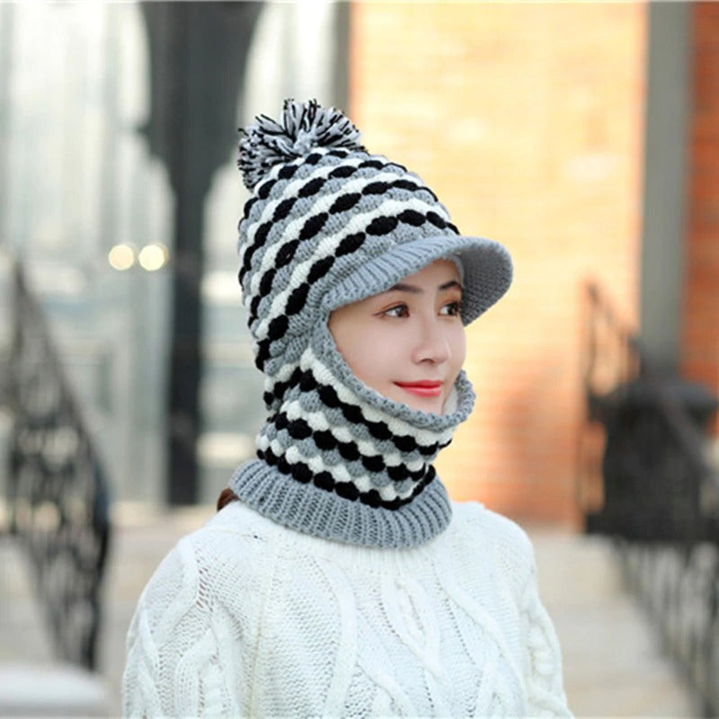 Windproof Keep Thick Pompoms Balaclava Outdoor Knitted Woolen Warm Winter Cap