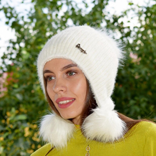 Load image into Gallery viewer, Warm Hat Women Rabbit Fur Lined Pompoms Outdoor Knitted Woolen Warm Winter Cap
