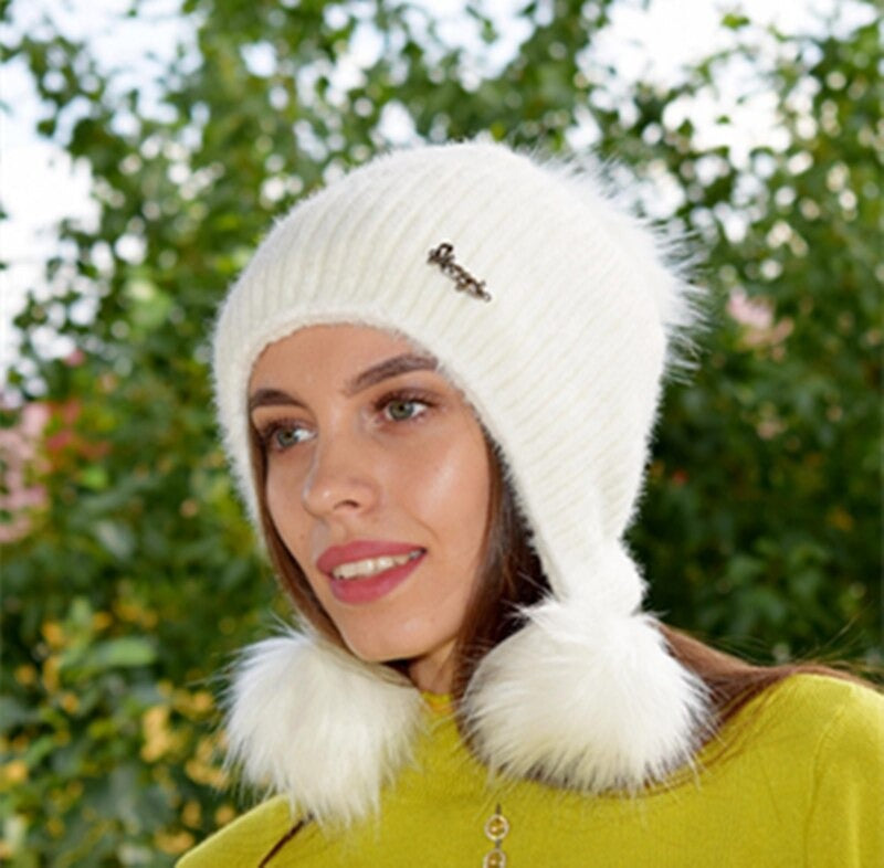 Warm Hat Women Rabbit Fur Lined Pompoms Outdoor Knitted Woolen Warm Winter Cap