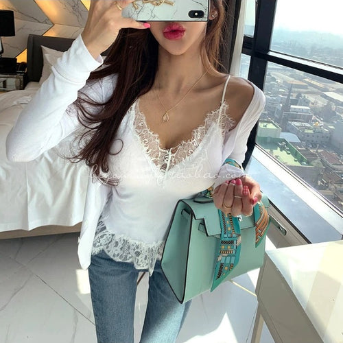 Load image into Gallery viewer, Korea fashion Bodycon Sling Suit Two piece Set Crop Top Thin Sexy Lace Long Sleeve

