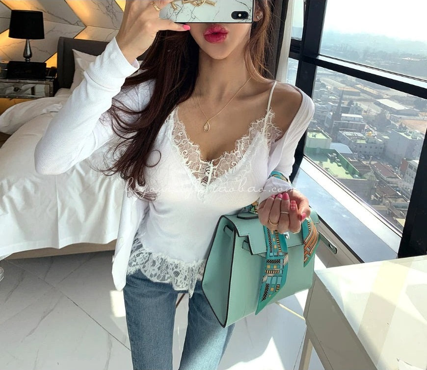 Korea fashion Bodycon Sling Suit Two piece Set Crop Top Thin Sexy Lace Long Sleeve