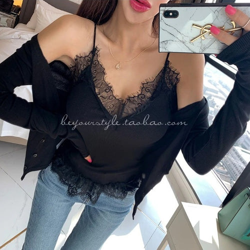 Load image into Gallery viewer, Korea fashion Bodycon Sling Suit Two piece Set Crop Top Thin Sexy Lace Long Sleeve
