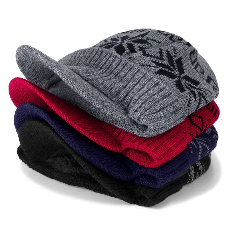 With Brim Stylish Add Fur Lined Soft Beanie Outdoor Knitted Woolen Warm Winter Cap