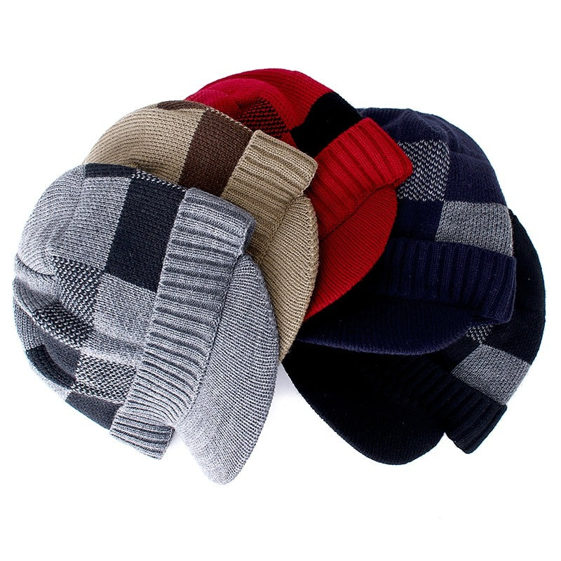 Brim Stylish Fur Lined Soft Beanie Lattice Design Thick Outdoor Knitted Woolen Warm Winter Cap