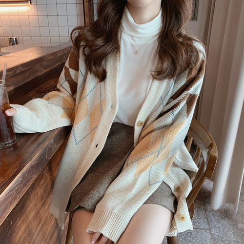 Load image into Gallery viewer, Oversize Autumn Winter Fashion Vintage  Plaid V-Neck Single Breasted Puff Sleeve Loose Cardigan
