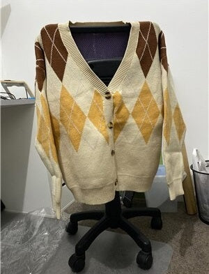 Oversize Autumn Winter Fashion Vintage  Plaid V-Neck Single Breasted Puff Sleeve Loose Cardigan
