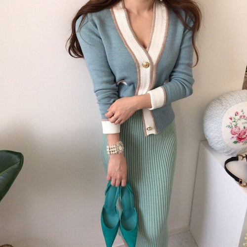 Load image into Gallery viewer, South Korea Chic Brim Contrast Color Sweet Knitted Cardigan
