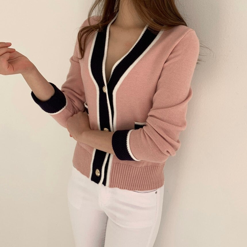 South Korea Chic Brim Contrast Color Sweet Knitted Cardigan