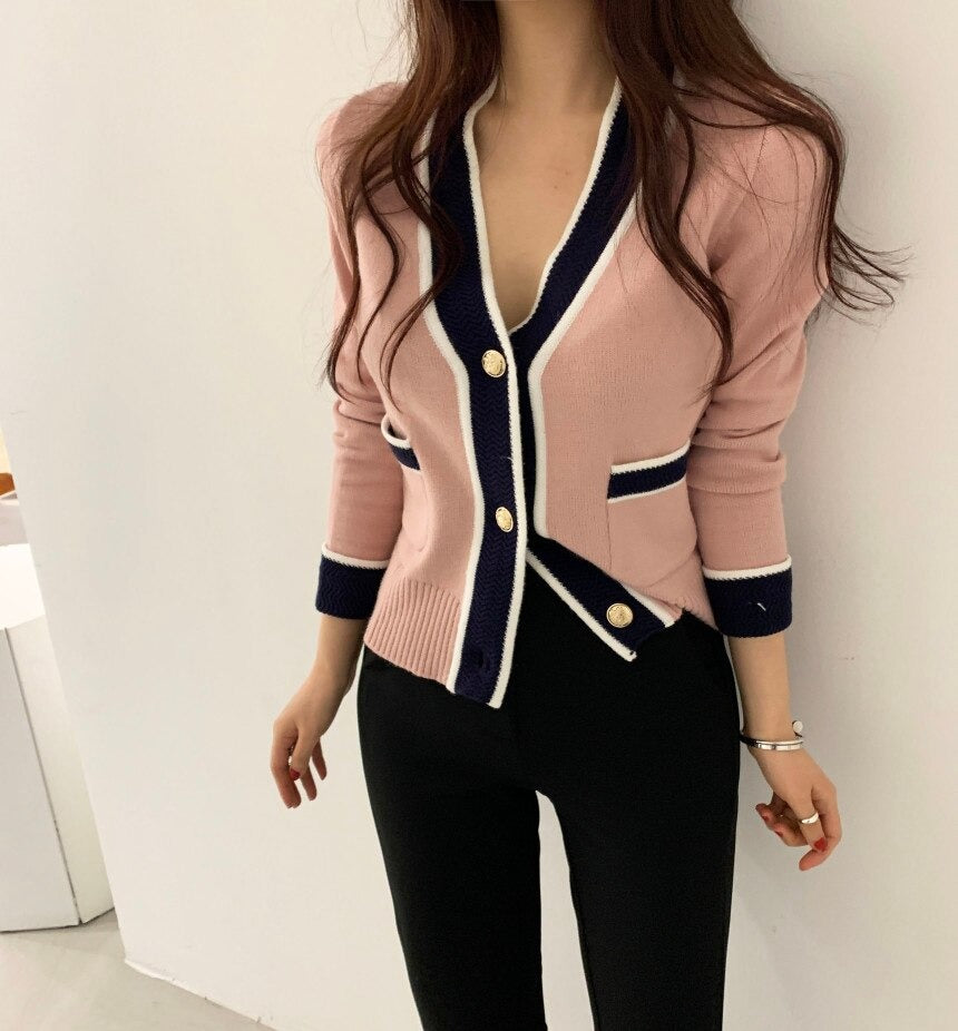 South Korea Chic Brim Contrast Color Sweet Knitted Cardigan