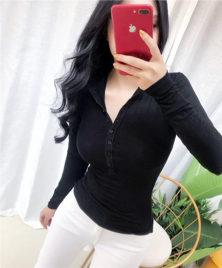 Spring Solid Color Buttoned V-neck Sexy Slim Fit Casual Long Sleeve
