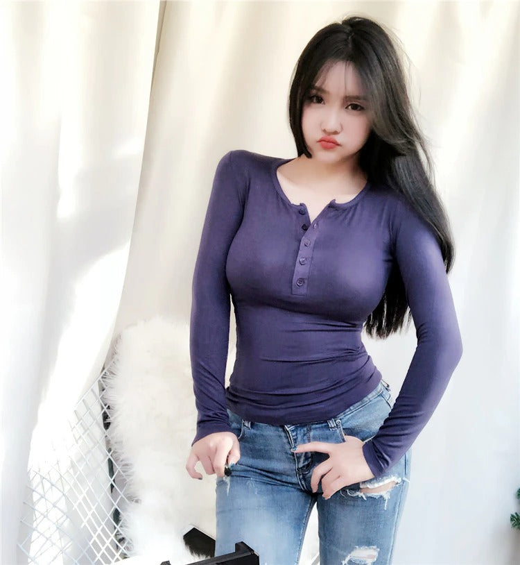 Spring Sexy Elastic Korean Style Skinny Slim Fit Long Sleeve Tops #2081