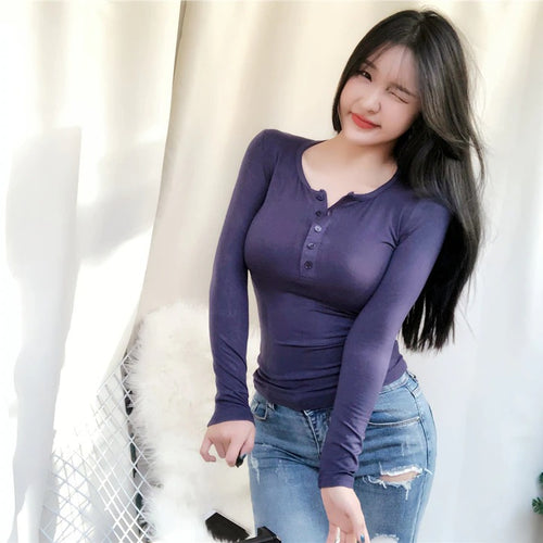 Load image into Gallery viewer, Spring Sexy Elastic Korean Style Skinny Slim Fit Long Sleeve Tops #2081
