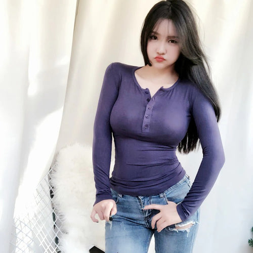 Load image into Gallery viewer, Spring Sexy Elastic Korean Style Skinny Slim Fit Long Sleeve Tops #2081
