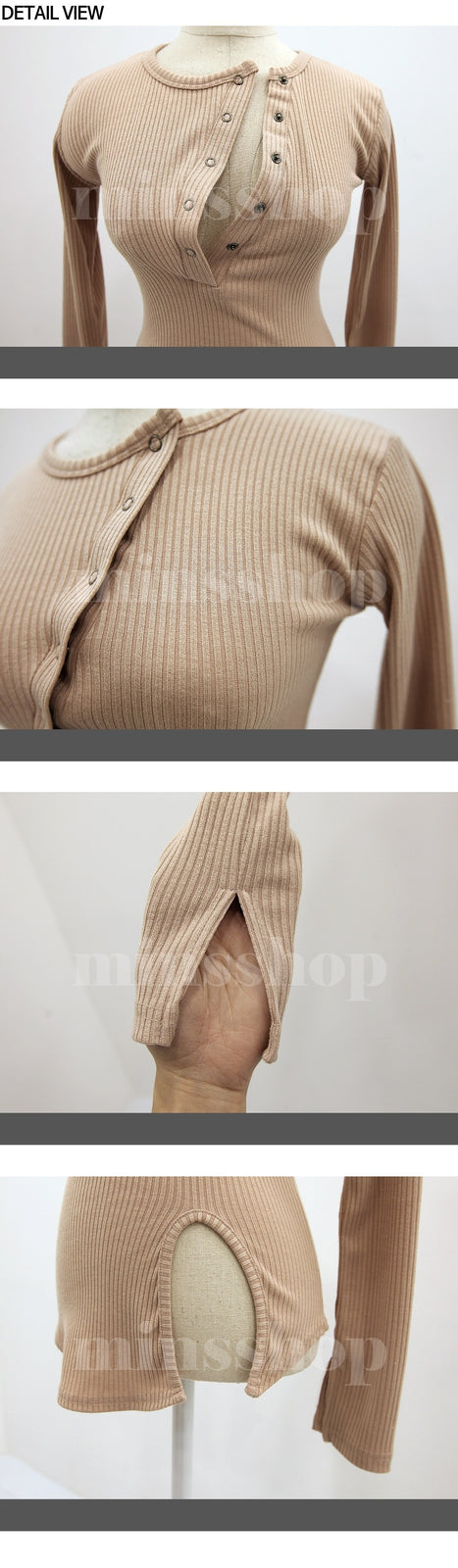 Spring Sexy Elastic Korean Style Slit Button Neck Long Sleeve