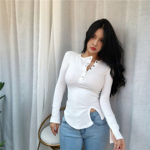 Load image into Gallery viewer, Spring Sexy Elastic Korean Style Slit Button Neck Long Sleeve
