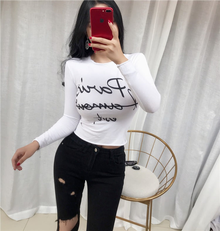 Sexy Elastic Korean Style Paris Printed Slim Fit Long Sleeve Tops