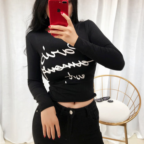 Load image into Gallery viewer, Sexy Elastic Korean Style Paris Printed Slim Fit Long Sleeve Tops
