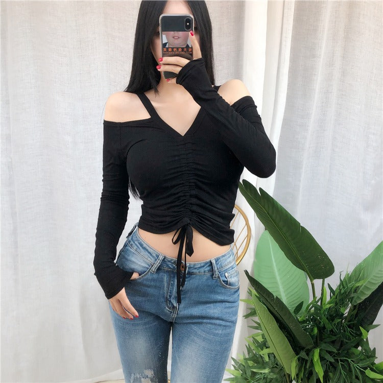 Spring Sexy Lace Up Off Shoulder Slim Fit Long Sleeve