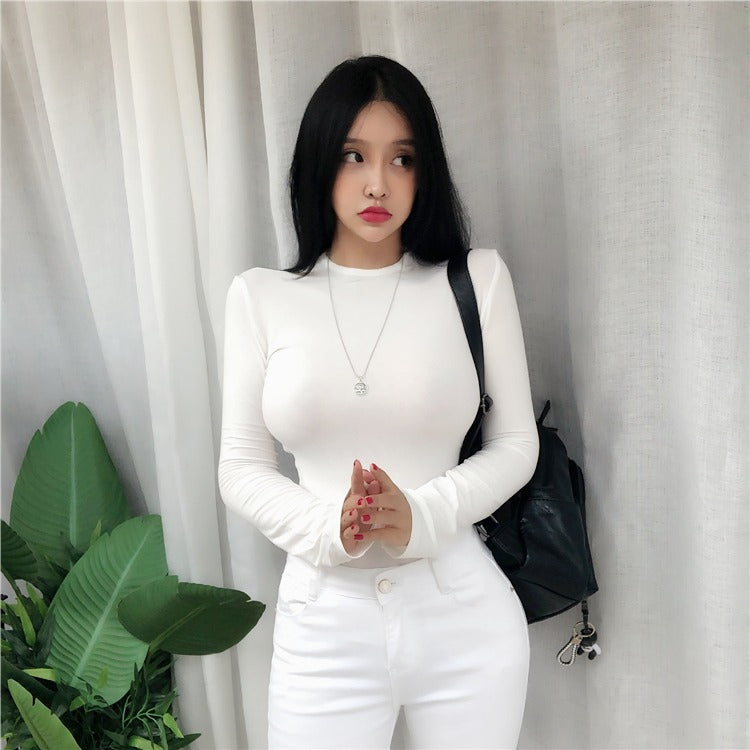 Spring Sexy Elastic Korean Style Skinny Slim Fit Long Sleeve Tops #2221