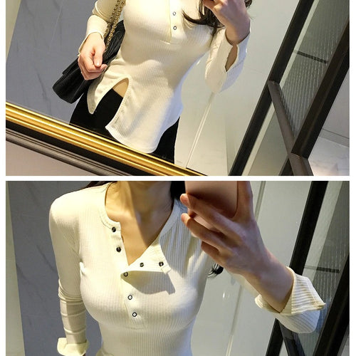 Load image into Gallery viewer, Spring Sexy Elastic Korean Style Slit Button Neck Long Sleeve
