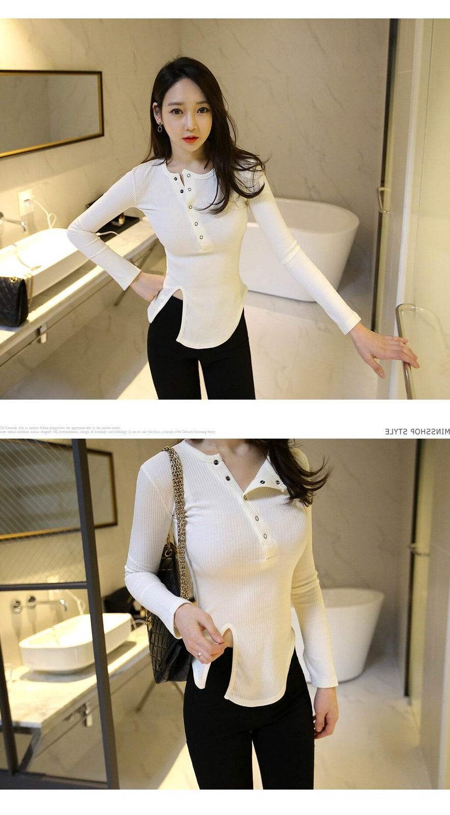 Spring Sexy Elastic Korean Style Slit Button Neck Long Sleeve