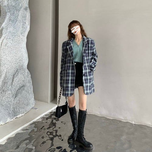Load image into Gallery viewer, Vintage Notched Collar Plaid Blazer Breasted Jacket
