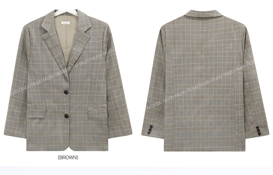 Vintage Notched Collar Plaid Breasted Jacket Casual Blazer Coat