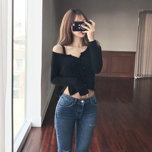 Load image into Gallery viewer, Spring Sexy Elastic Korean Style Skinny Slim Fit Long Sleeve Tops #2231
