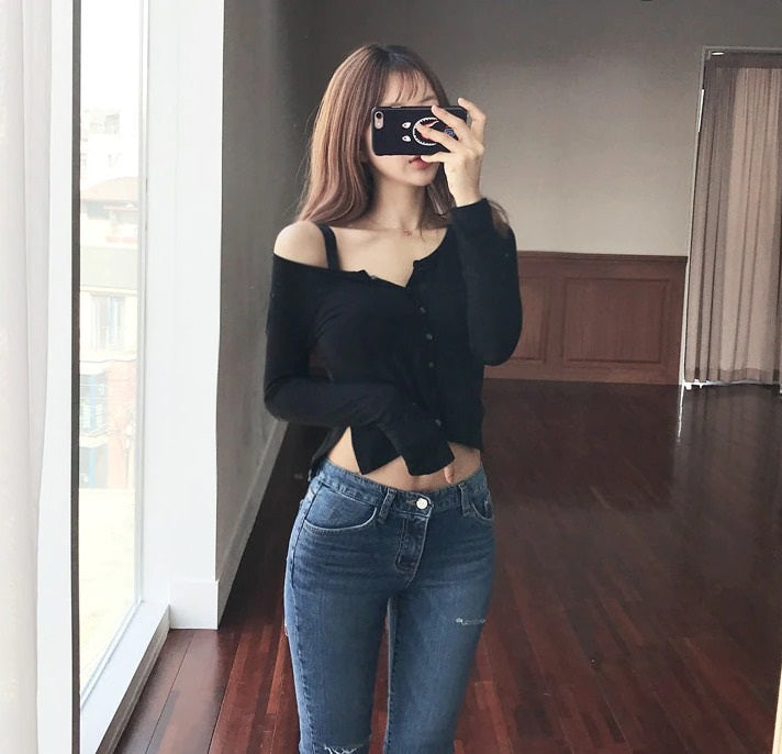 Spring Sexy Elastic Korean Style Skinny Slim Fit Long Sleeve Tops #2231