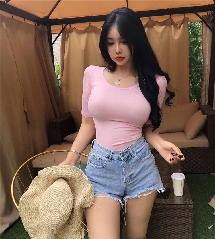 Summer Sexy Elastic Korean Style Slim Fit Solid Colored Long Sleeve