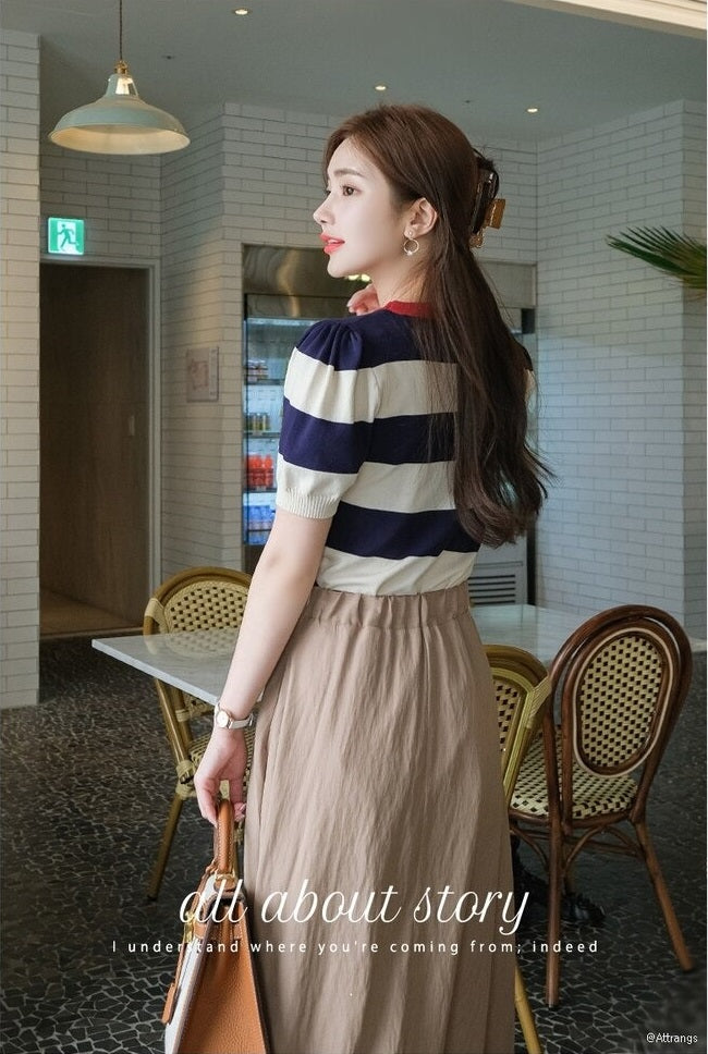 Summer Stripes Sexy Elastic Korean Style Slim Short Sleeve Tees