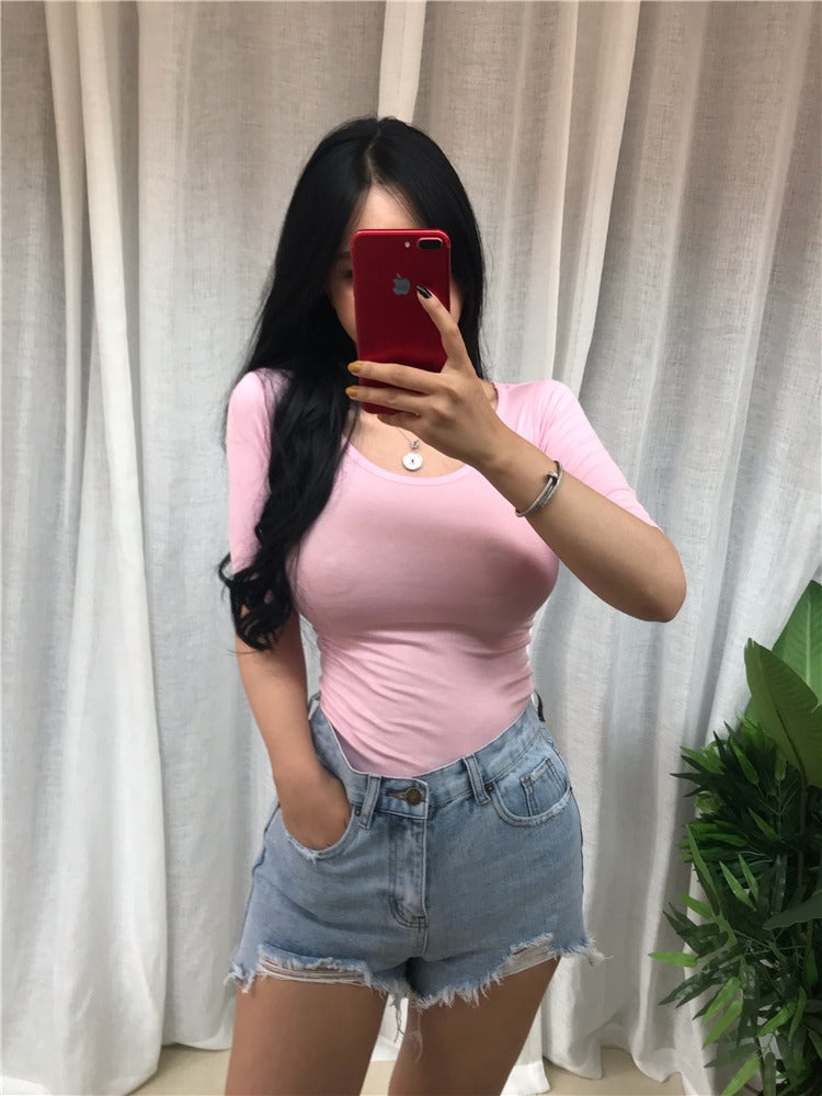 Summer Sexy Elastic Korean Style Slim Fit Solid Colored Long Sleeve