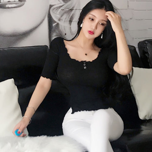 Load image into Gallery viewer, Summer Sexy Elastic Korean Style Skinny Short Sleeve Tees
