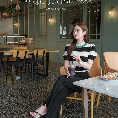 Load image into Gallery viewer, Summer Stripes Sexy Elastic Korean Style Slim Short Sleeve Tees
