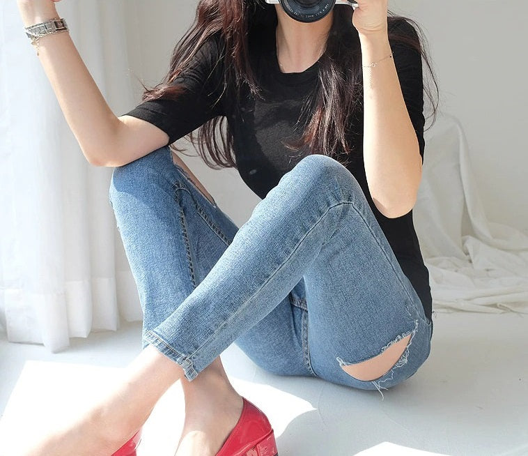 Spring Sexy Elastic Korean Style Skinny Slim Fit Long Sleeve Tops #2078
