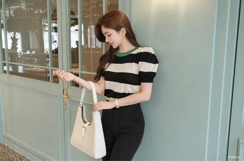 Load image into Gallery viewer, Summer Stripes Sexy Elastic Korean Style Slim Short Sleeve Tees
