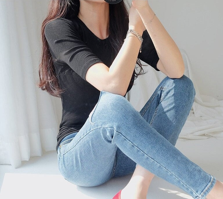 Spring Sexy Elastic Korean Style Skinny Slim Fit Long Sleeve Tops #2078