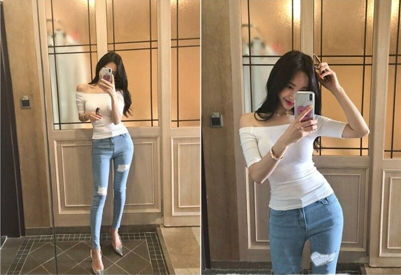 Thin Summer Sexy Elastic Korean Style Casual Short Sleeve Off Shoulder Tops