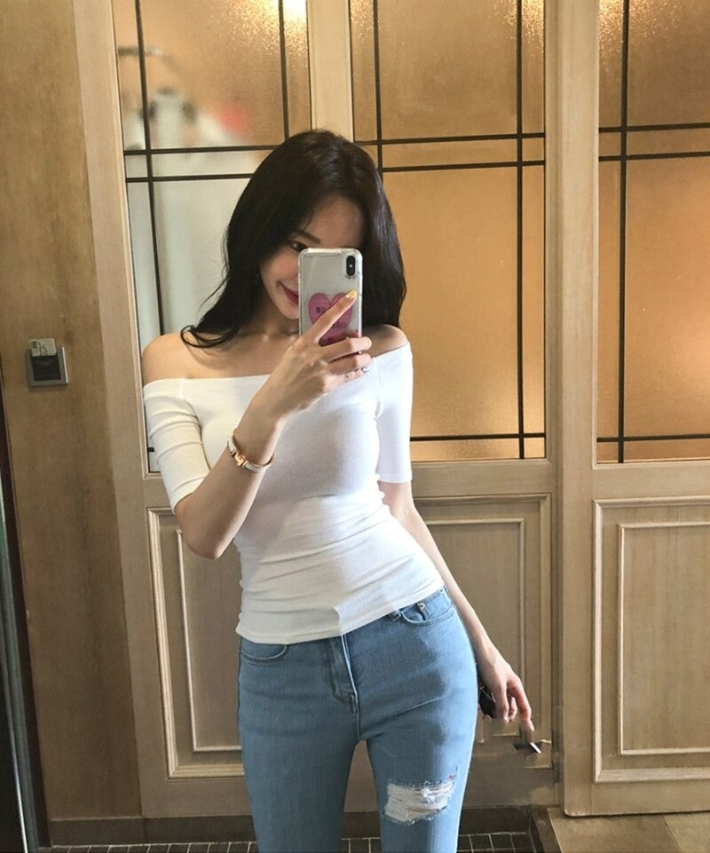 Thin Summer Sexy Elastic Korean Style Casual Short Sleeve Off Shoulder Tops