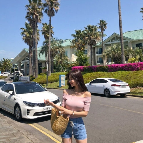 Load image into Gallery viewer, Thin Summer Sexy Elastic Korean Style Casual Short Sleeve Off Shoulder Tops
