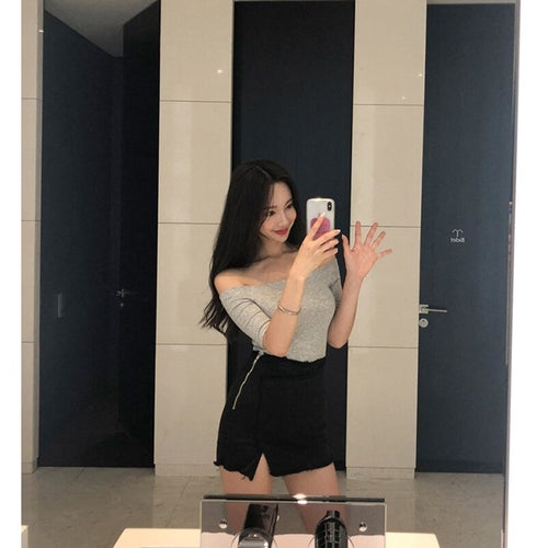 Load image into Gallery viewer, Thin Summer Sexy Elastic Korean Style Casual Short Sleeve Off Shoulder Tops

