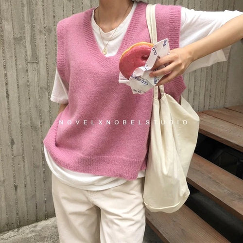 Load image into Gallery viewer, V neck Girls Pullover Autumn Winter Pink Knitted Sweaters Sleeveless Vest
