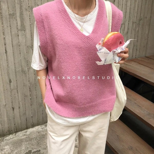 Load image into Gallery viewer, V neck Girls Pullover Autumn Winter Pink Knitted Sweaters Sleeveless Vest
