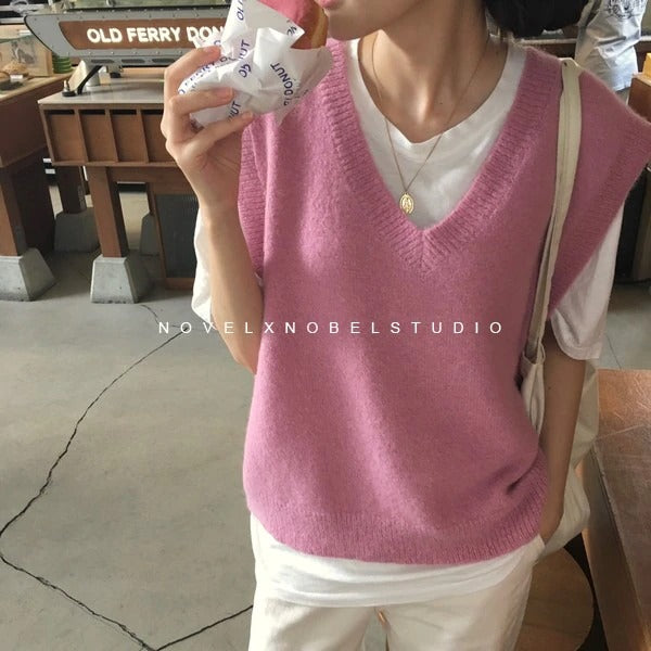 V neck Girls Pullover Autumn Winter Pink Knitted Sweaters Sleeveless Vest