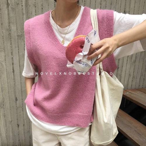 Load image into Gallery viewer, V neck Girls Pullover Autumn Winter Pink Knitted Sweaters Sleeveless Vest
