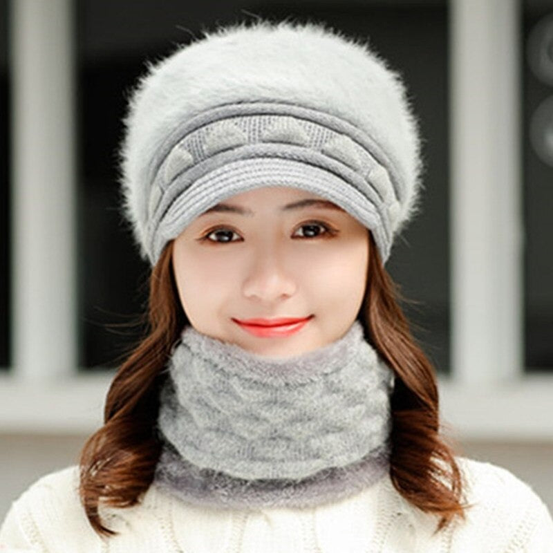 Rabbit Fur Thick Triangle Design Outdoor Knitted Woolen Warm Winter Cap